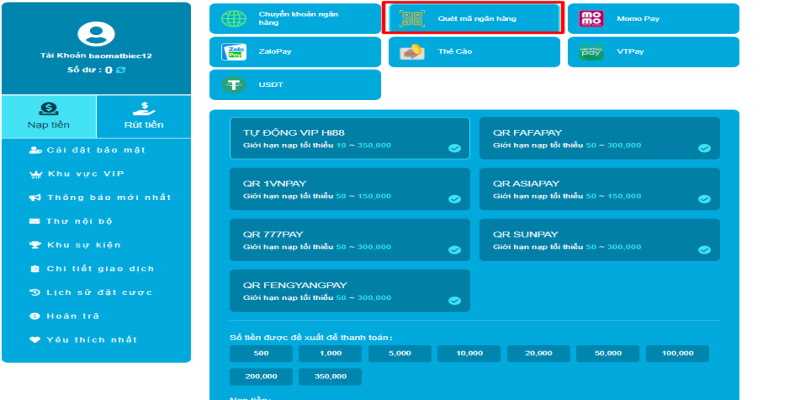 Các bước nạp tiền Hi 88 nhanh gọn